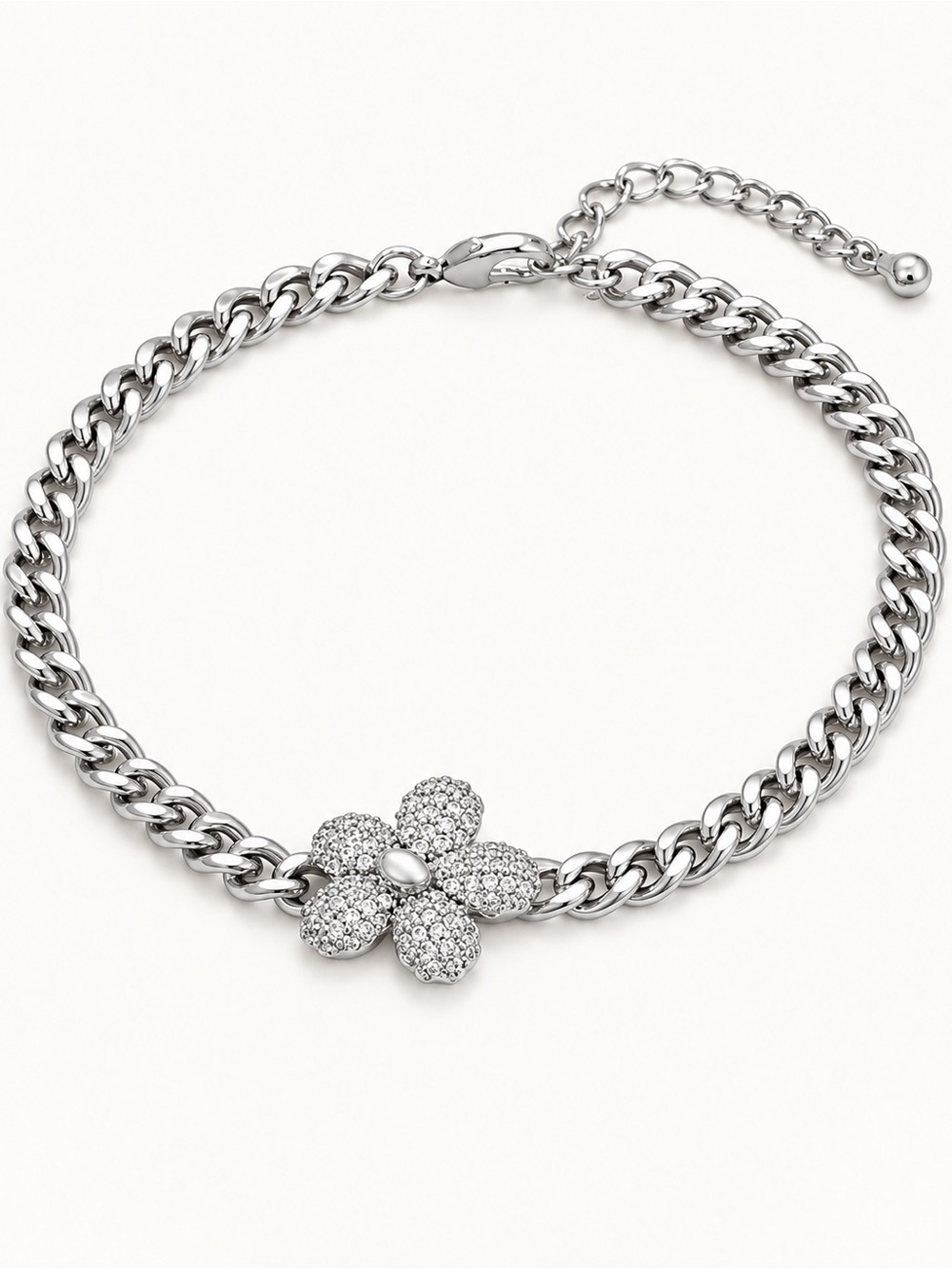Silver Tone Cuban Chain Flower Bracelet with CZ | Platinum Plated Dainty Jewelry